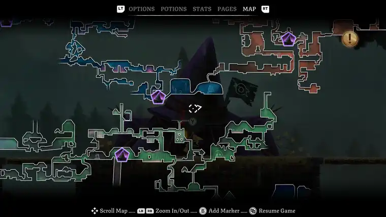 The Well Dweller pause-menu map with area colours