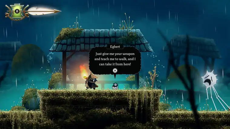 Glimmer talking to Egbert under a shelter in the rain